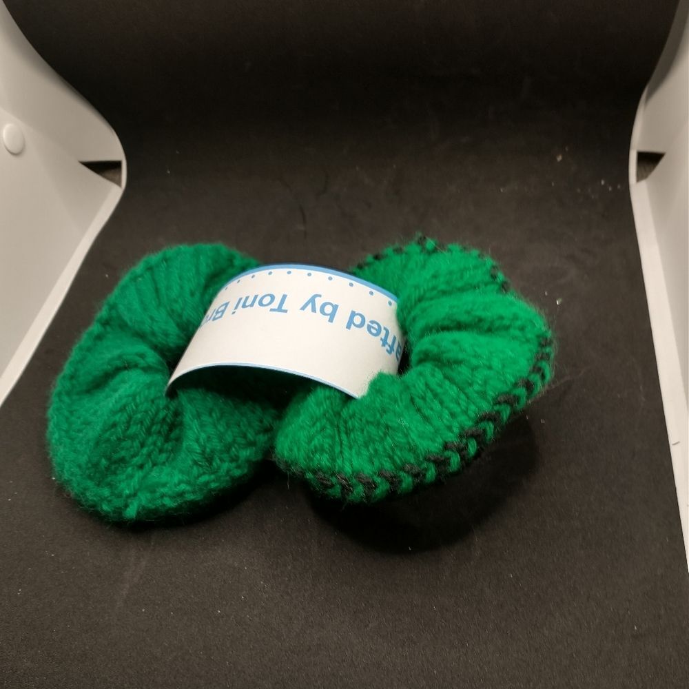 Hand Crafted Knit Scrunchies Green Black Jumbo Hair Band Accessory Set of 2